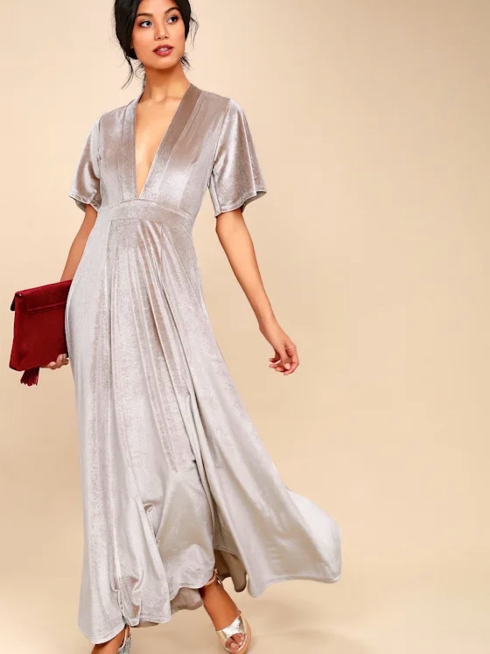 On The Road Taupe Shimmer V-Neck Maxi Dress